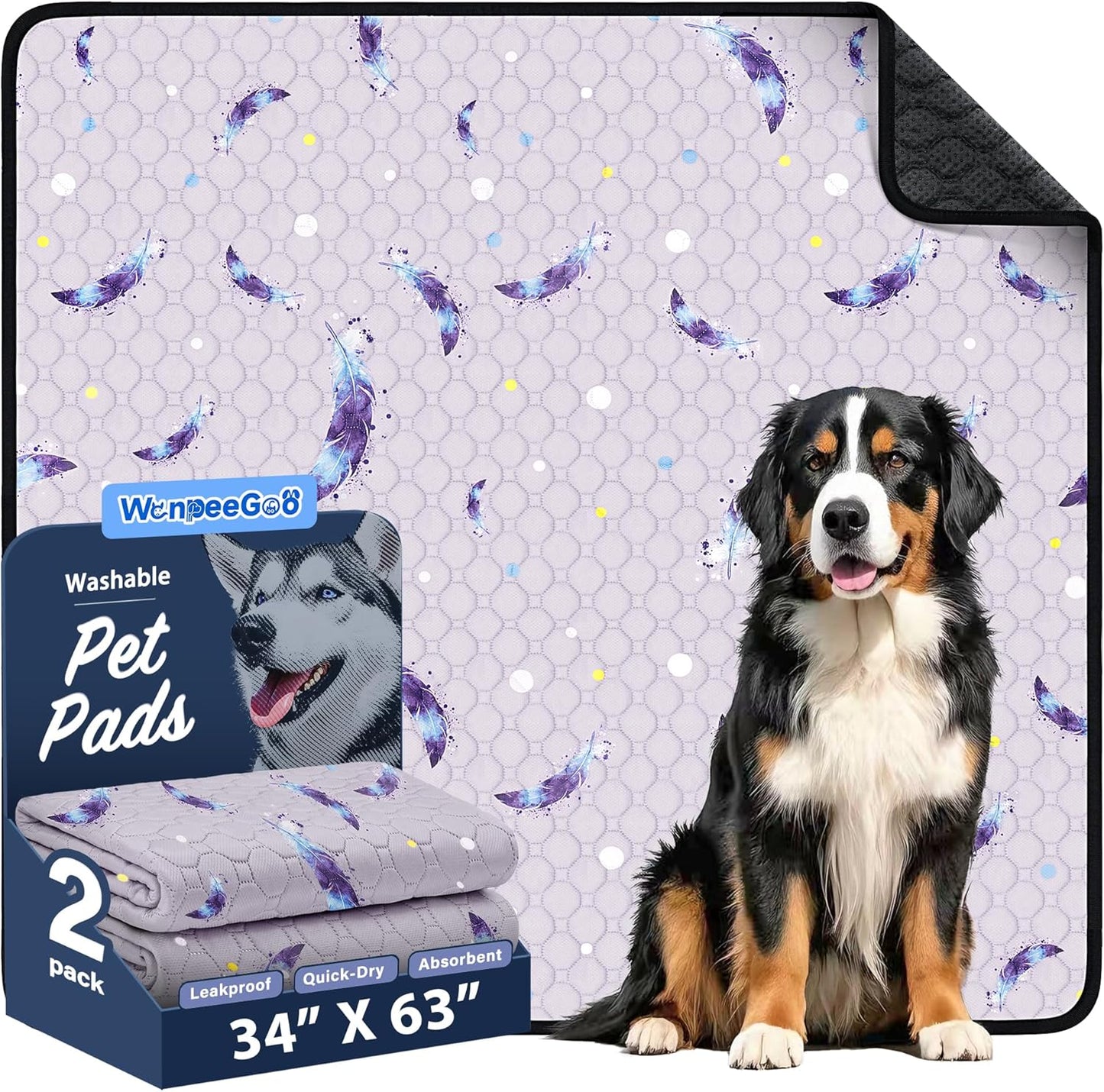 WanpeeGoo Washable Pee Pads for Dogs, 2Pack Reusable Puppy Pads, Super Absorbent & Leakproof Dog Pads, Anti-Slip Dog Pee Pads for Puppy Training & Incontinence, Feather Pattern 36"x41"