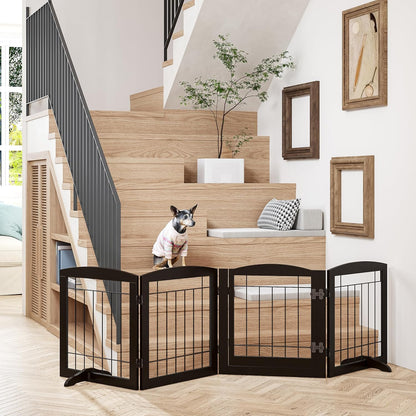 PAWLAND Free Standing Dog Gates for The House Stairs Doorways Indoor Foldable Wooden Small White Puppy Pet Gate Step Over Fence 60" W 24" H 3 Panels