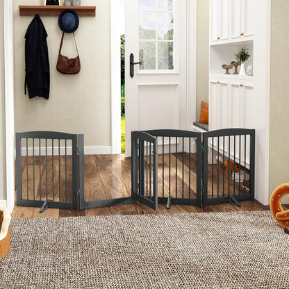 PUPETPO Freestanding Dog Gate with Door, Pet Gate for Stairs, 80 inch Wide Pet Barrier Indoor, Dog Fences Indoor, Support Feet Included, 4 Panels, 24" Tall, Dark Brown