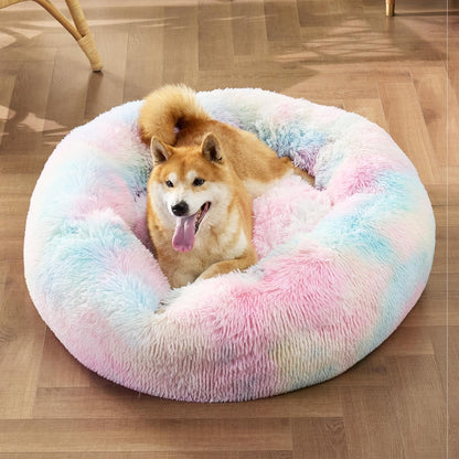 Bedsure Calming Dog Bed Medium Size Dog - Donut Washable Medium Pet Bed, 30 inches Anti-Slip Round Fluffy Plush Faux Fur Cat Bed, Fits up to 45 lbs Pets, Camel
