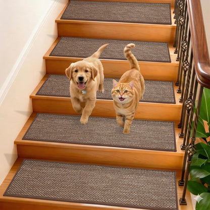 GROWLING Linen Stair Treads for Wooden Steps Indoor 30x8 inch, 15pcs Upgraded Self Adhesive Backing Non Slip Stair Carpets, Peel and Stick Stair Runner Rugs, Reusable Staircase Step Treads(Brown)