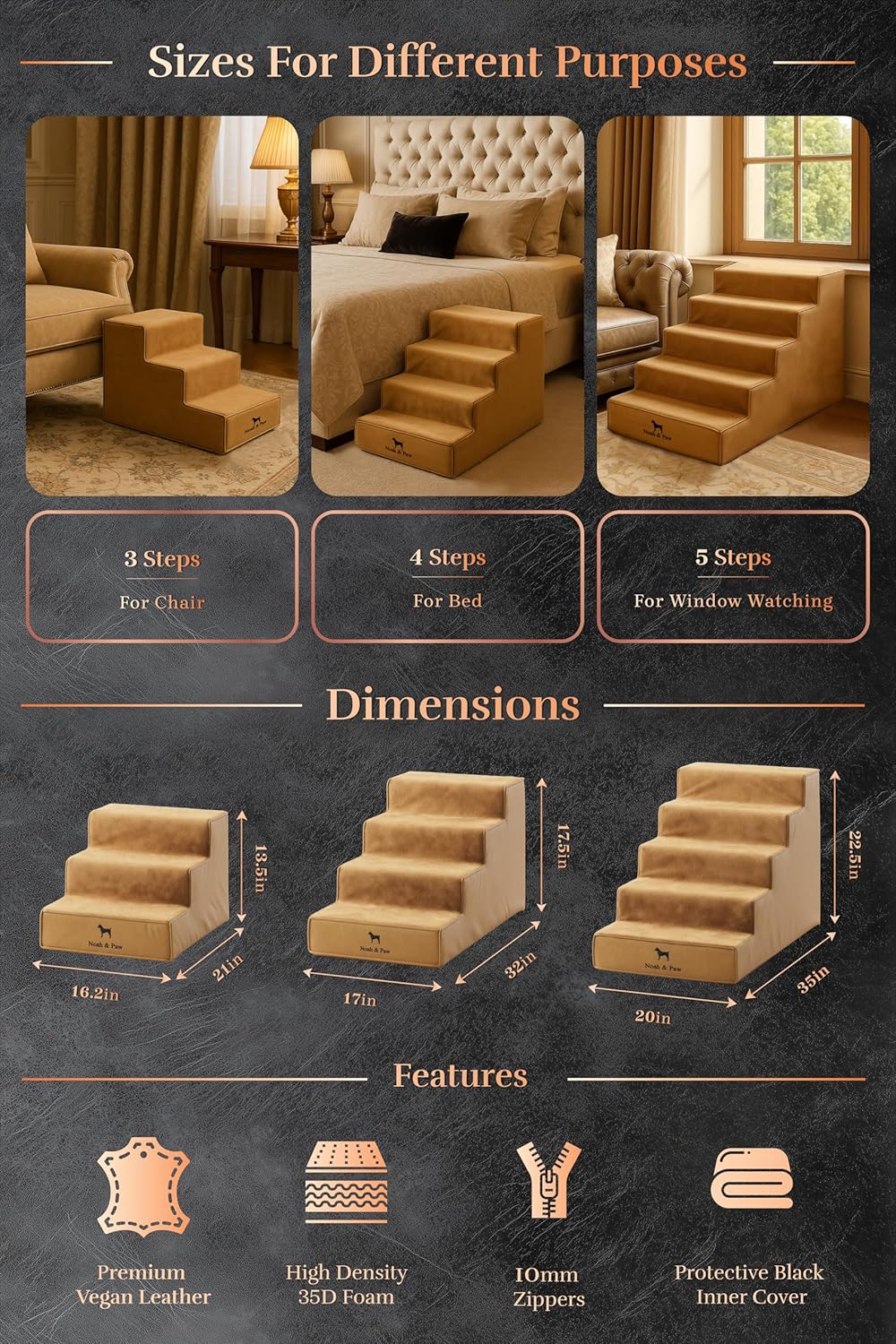 Noah & Paw Dog Stairs, Dog Ramp for Bed (20" Extra Wide) Pet Stairs for High Bed, Design to Fit Small and Large Breeds, Durable 5 Pet Steps for Couch (35 Foam Density) Leather Collection