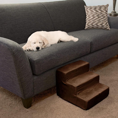 3-Step Pet Stairs - Nonslip Foam Dog and Cat Steps with Removable Zippered Microfiber Cover - 2-Tone Design for Home or Vehicle Use by PETMAKER (Tan)