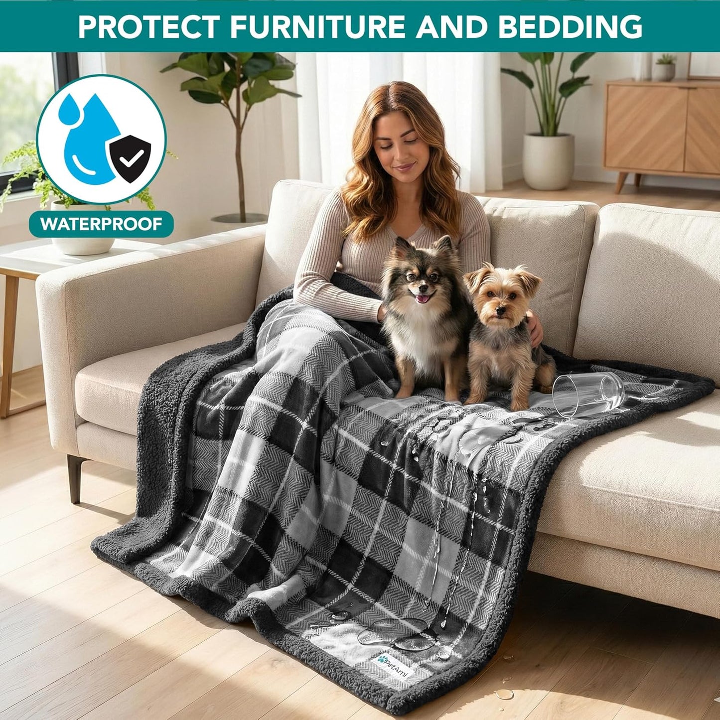 PetAmi Waterproof Dog Blanket for Couch, Large 60x40, Pee Proof Sherpa Fleece Reversible Pet Throw, Furniture Protector for Bed Sofa Kennel, Soft Washable Cover for Medium Dogs Cats, Grey Sherpa