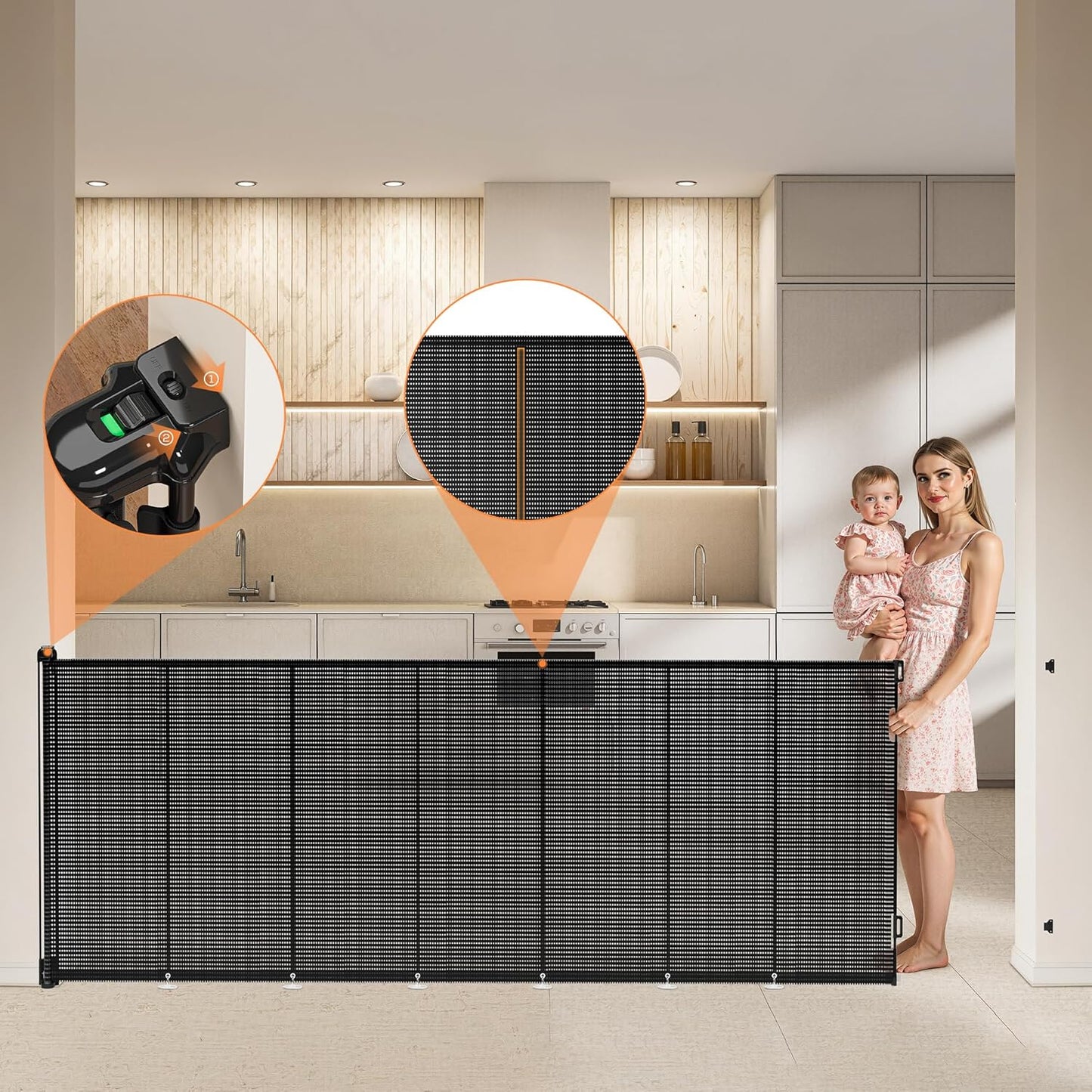 Retractable Baby Gate for Stairs, 42" Tall X 200" Wide Mesh Dog Gate Indoor, Child Gate for Doorways, Hallways, Deck, Indoor Outdoor Pet Baby Safety Essentials for Home, Black