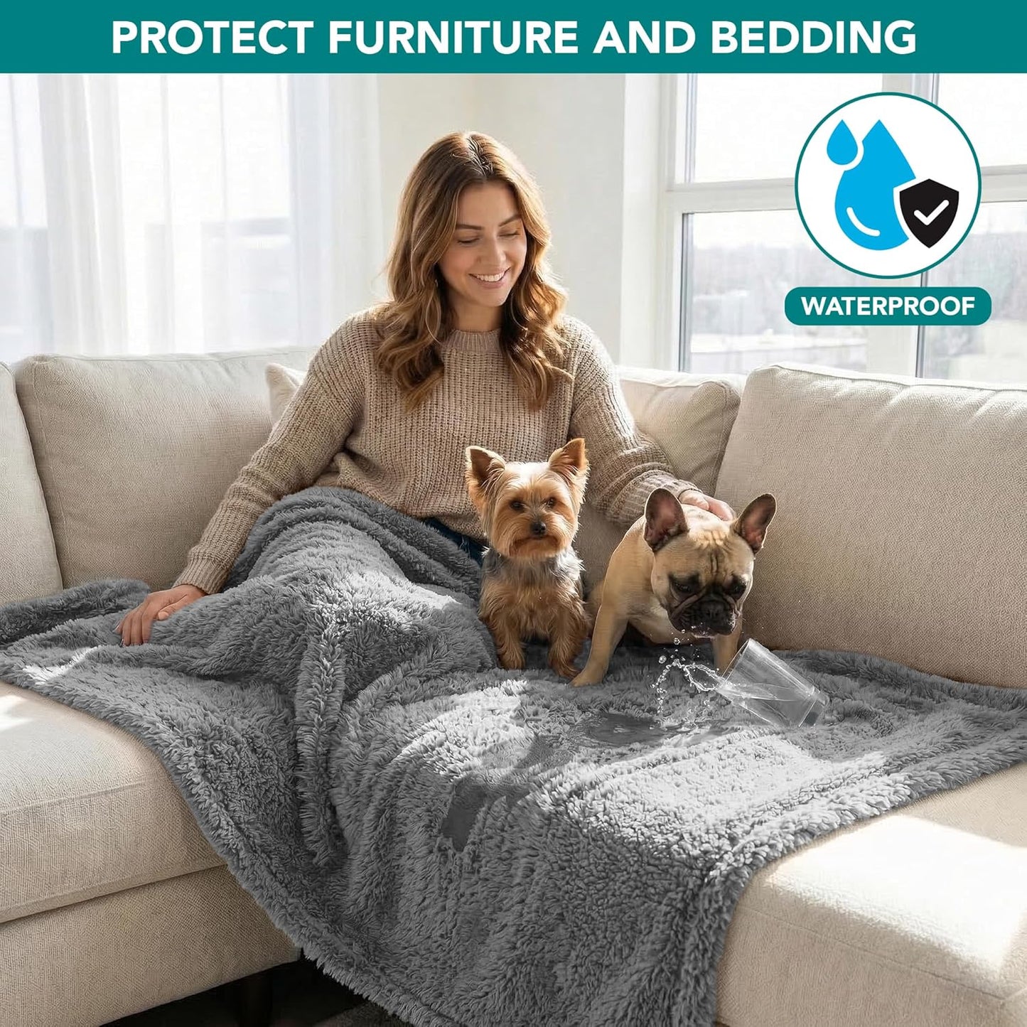 PetAmi Fluffy Waterproof Dog Blanket for Couch and Bed, Reversible Sherpa Pet Throw, Pee Proof Furniture Protector Sofa Cover, Washable Cat Blanket for Medium Large Dogs and Cats (Beige Cream, 60x80)