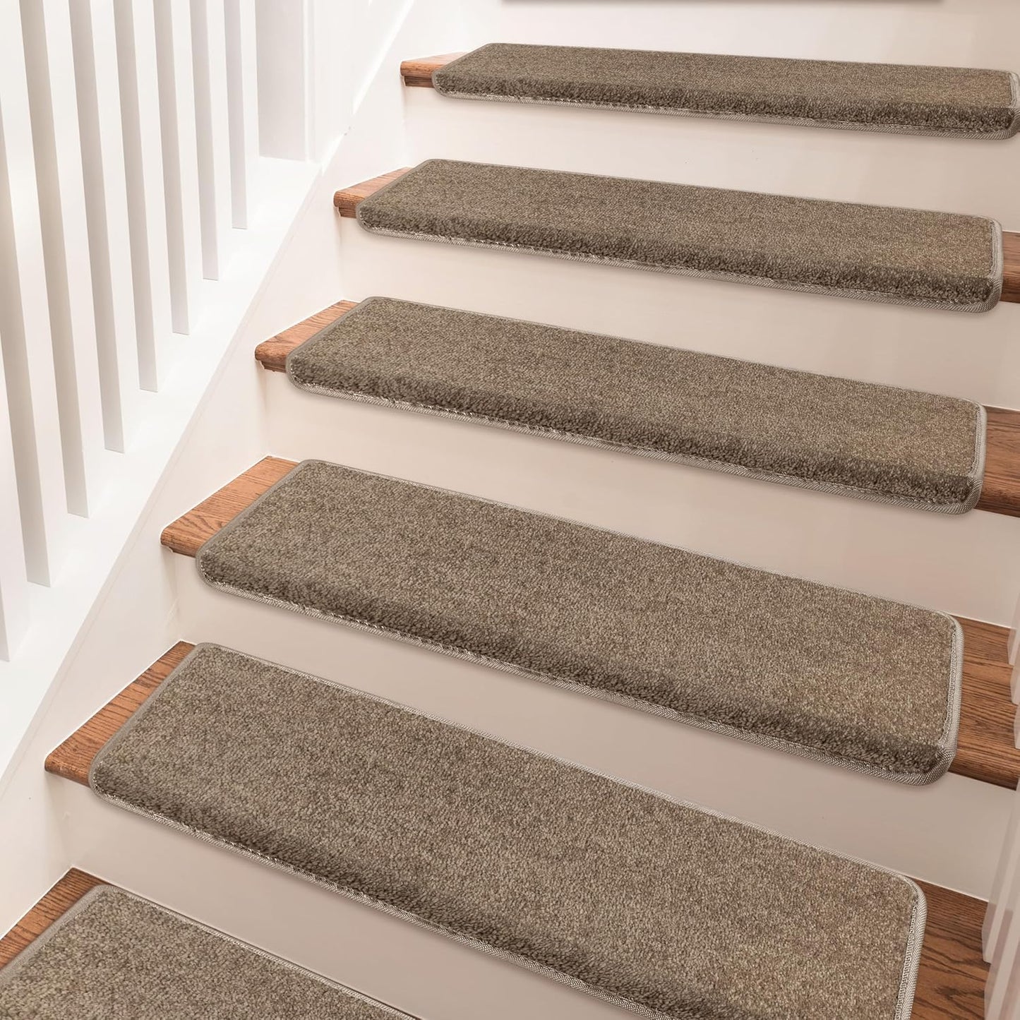 PURE ERA Bullnose Carpet Stair Treads Set Tape Free Non-Slip Indoor Stair Protectors Pet Friendly Rugs Covers Soft Skid Resistant Washable Reusable 9.5" x 30"(14 Pieces,Cream Gray)