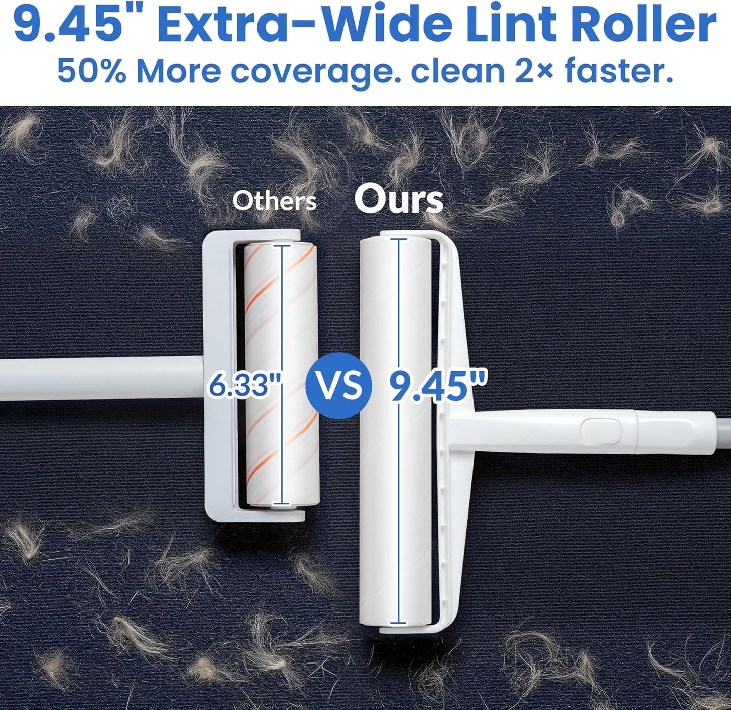 Large Lint Roller for Floors Carpet Furniture Bed – 9.45" Wide Extra Sticky Pet Hair Remover, 4 Refills 360 Sheets Value Pack, Long Handle for No-Bending Cleaning –Ideal for Dog Cat Owners Homes