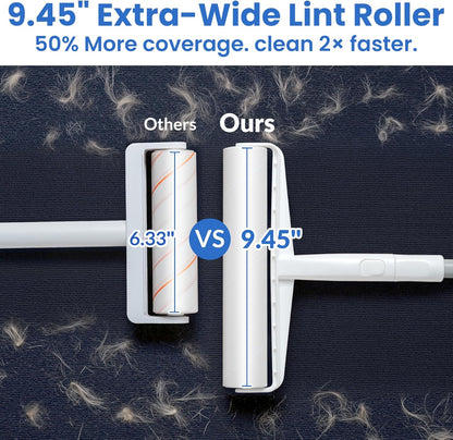 Large Lint Roller for Floors Carpet Furniture Bed – 9.45" Wide Extra Sticky Pet Hair Remover, 4 Refills 360 Sheets Value Pack, Long Handle for No-Bending Cleaning –Ideal for Dog Cat Owners Homes