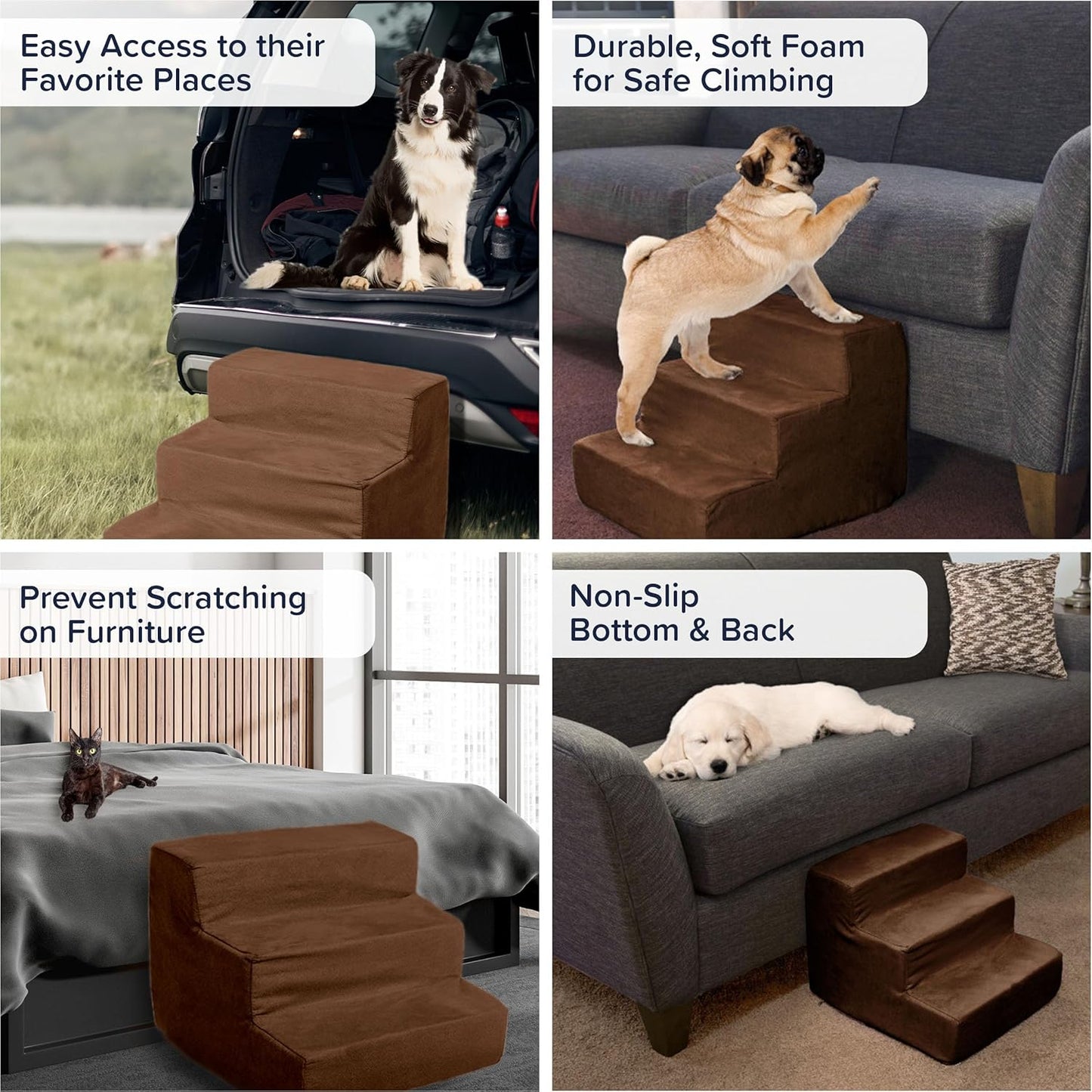3-Step Pet Stairs - Nonslip Foam Dog and Cat Steps with Removable Zippered Microfiber Cover - 2-Tone Design for Home or Vehicle Use by PETMAKER (Tan)