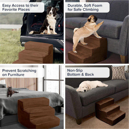 3-Step Pet Stairs - Nonslip Foam Dog and Cat Steps with Removable Zippered Microfiber Cover - 2-Tone Design for Home or Vehicle Use by PETMAKER (Tan)