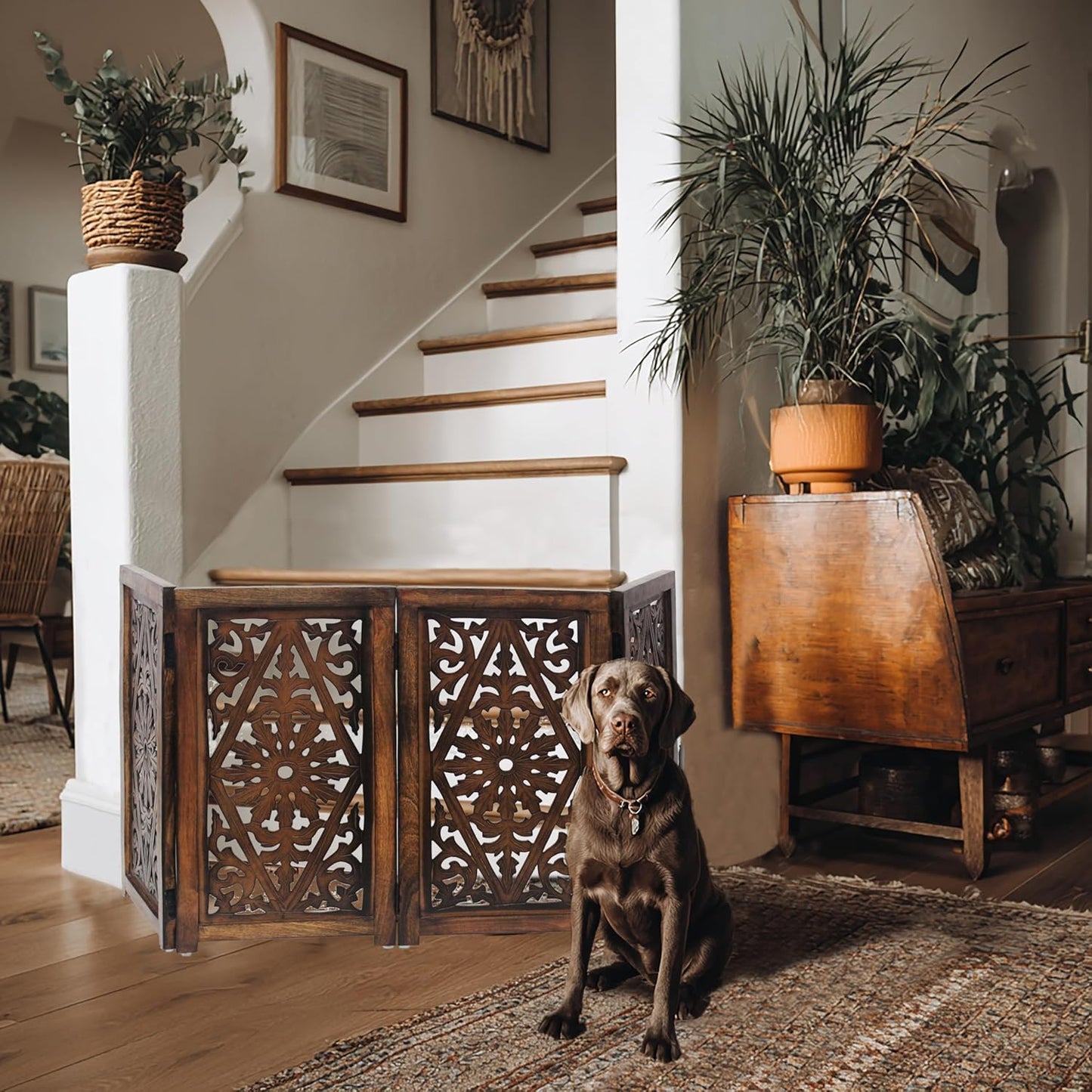 Croft&Cane Wooden Foldable Pet Dog Safety Gate – 3 Panel Freestanding Indoor Pet Fence (20 inches W x 24 inches H) – Hand-Carved Solid Wood & MDF – Fully Assembled - Antique Brown