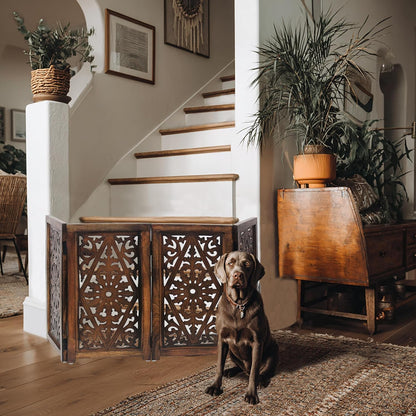 Croft&Cane Wooden Foldable Pet Dog Safety Gate – 3 Panel Freestanding Indoor Pet Fence (20 inches W x 24 inches H) – Hand-Carved Solid Wood & MDF – Fully Assembled - Antique Brown
