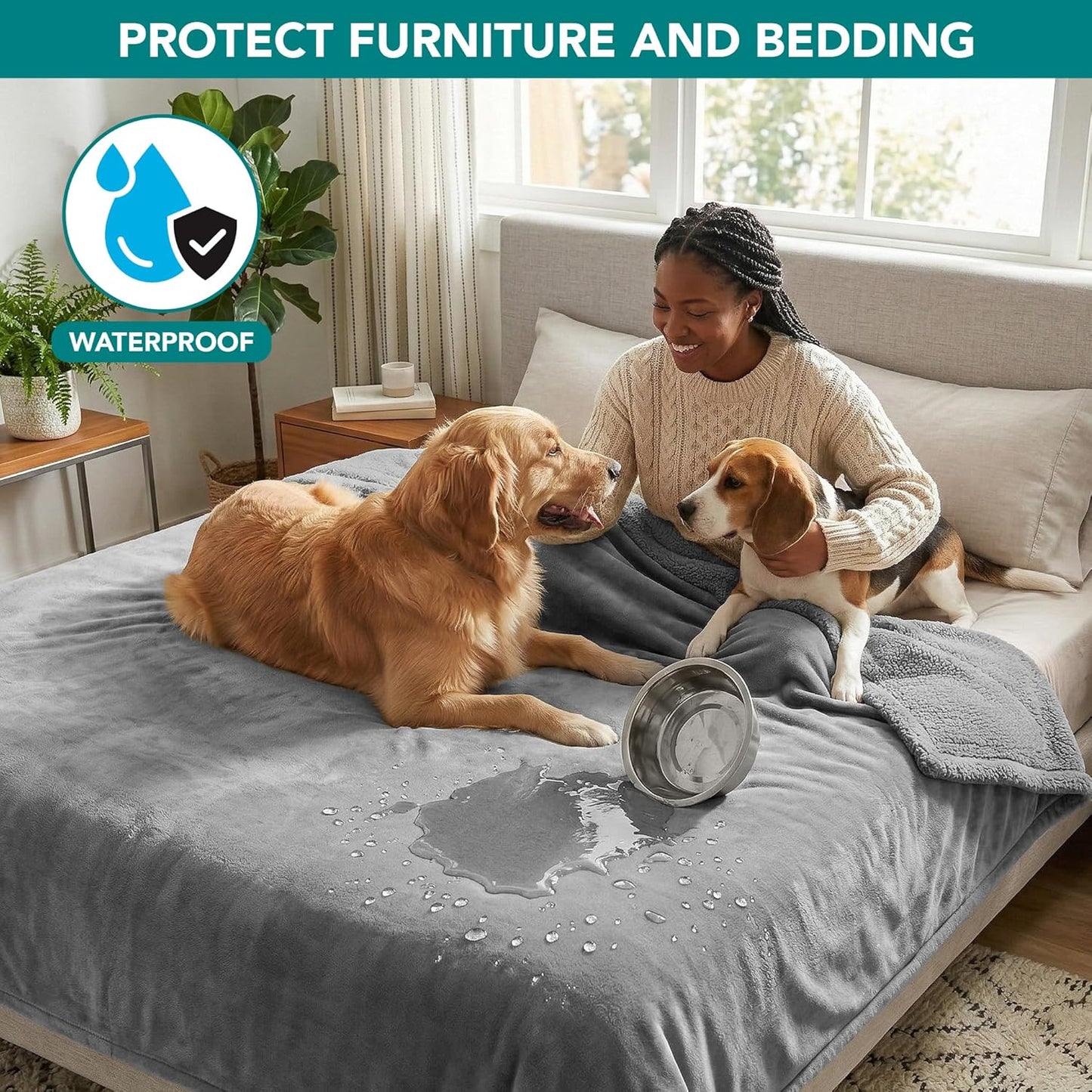 PetAmi Waterproof Dog Blanket for Couch, Large 60x40, Pee Proof Sherpa Fleece Reversible Pet Throw, Furniture Protector for Bed Sofa Kennel, Soft Washable Cover for Medium Dogs Cats, Grey Sherpa