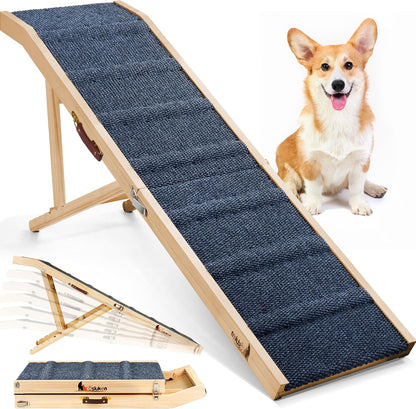 Dog Ramp for Bed, L64 W17 Foldable Pet Ramp for Small Large Dogs Cats, Dog Ramps for High Beds Car, High Traction with Platform 6 Adjustable Heights 24" to 30" Up to 220LBS, Wood