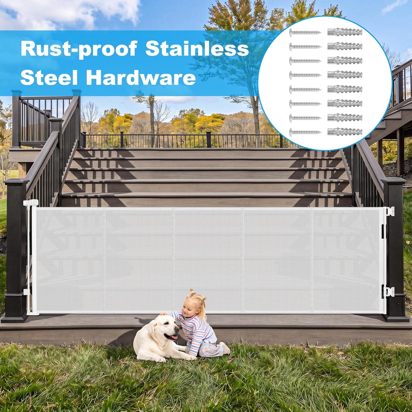 108" Wide Weatherproof Outdoor Retractable Dog Gates Extra Wide with Rust-Proof Stainless Steel Hardware& Waterproof Mesh, Reinforced 9 Ft Extra Long Retractable Baby Gate to Prevent Crawling Through