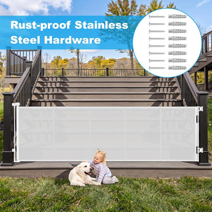 108" Wide Weatherproof Outdoor Retractable Dog Gates Extra Wide with Rust-Proof Stainless Steel Hardware& Waterproof Mesh, Reinforced 9 Ft Extra Long Retractable Baby Gate to Prevent Crawling Through