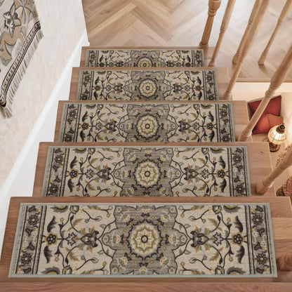 COSY HOMEER-Stair-Treads-for-Wooden-Steps Washable Indoor Stair Treads Non Slip 8" X 30" Soft Stair Carpet Treads Reusable Peel and Stick Stair Runner Rug for Kids, Elders and Pets 15pcs