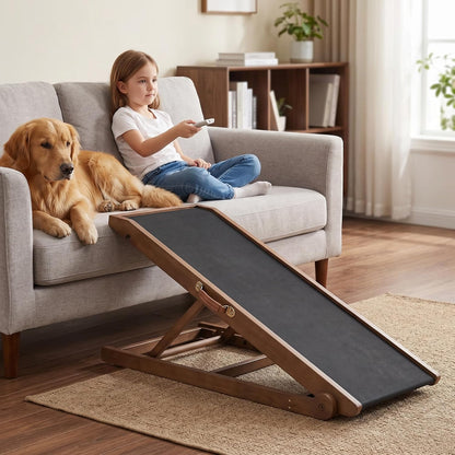 Dog Ramp for Bed, Adjustable Pet Ramps for Dog to Get on Bed, Non-Slip Rubber Surface - Folding Wooden Dog Ramp for Small/Large/Old Dogs, Adjustable up to 27.5 inch High Beds, Safety Railings