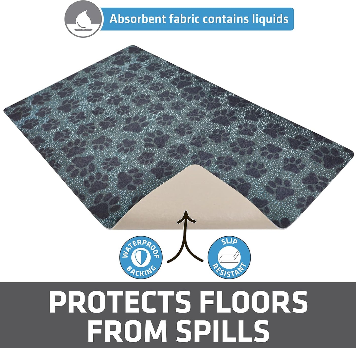 Drymate Pet Bowl Placemat, Dog & Cat Food Feeding Mat - Absorbent Fabric, Waterproof Backing, Slip-Resistant - Machine Washable/Durable (USA Made) (12” x 20”) (Indigo)