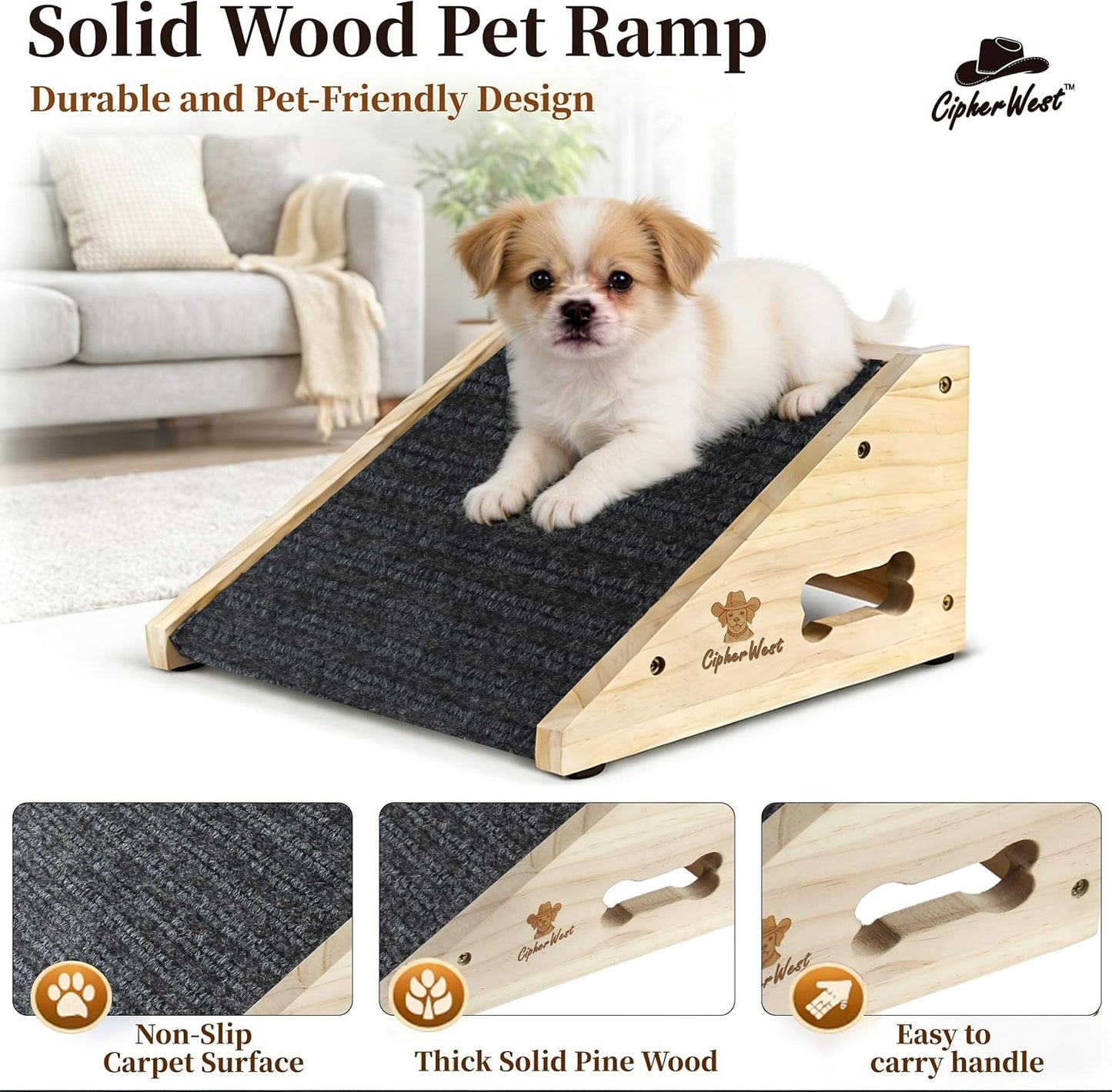 Wooden Dog Ramp for Bed, Sofa - Portable Pet Ramp with Non-Slip Carpet Surface & Bone-Shaped Handle, Senior Dog Stairs for Small Medium Breeds