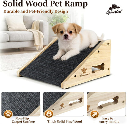 Wooden Dog Ramp for Bed, Sofa - Portable Pet Ramp with Non-Slip Carpet Surface & Bone-Shaped Handle, Senior Dog Stairs for Small Medium Breeds