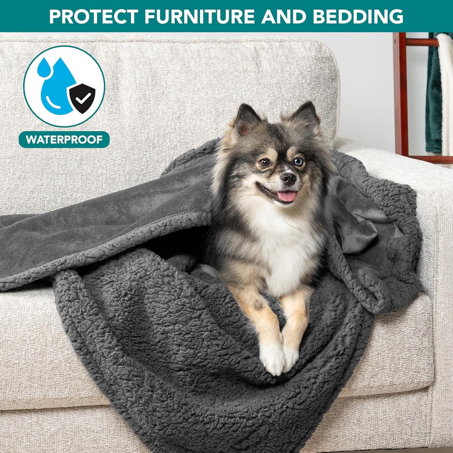 PetAmi Waterproof Dog Blanket for Couch, Large 60x40, Pee Proof Sherpa Fleece Reversible Pet Throw, Furniture Protector for Bed Sofa Kennel, Soft Washable Cover for Medium Dogs Cats, Grey Sherpa