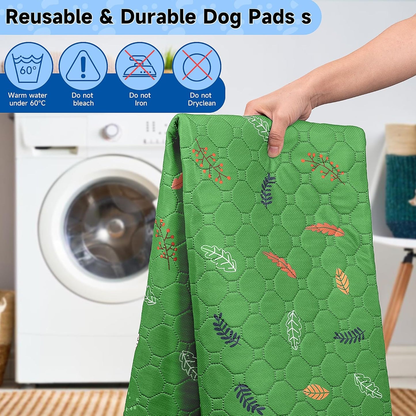 Sunheir Washable Pee Pads for Dogs Large 48" x 48" 2-Pack Reusable Puppy Pads Pet Training Pads, Absorb Dog Mats, Whelping Pad, Non-Slip Protects Against Urine Leakage (Leaves - Deep Grey, 48x48)