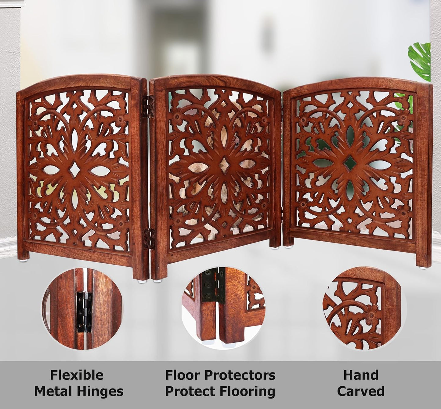 Croft&Cane Wooden Foldable Pet Dog Safety Gate – 3 Panel Freestanding Indoor Pet Fence (20 inches W x 24 inches H) – Hand-Carved Solid Wood & MDF – Fully Assembled - Antique Brown