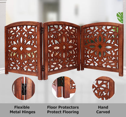 Croft&Cane Wooden Foldable Pet Dog Safety Gate – 3 Panel Freestanding Indoor Pet Fence (20 inches W x 24 inches H) – Hand-Carved Solid Wood & MDF – Fully Assembled - Antique Brown