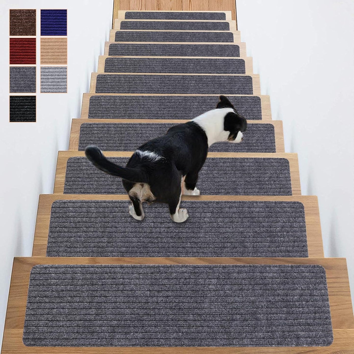 Stair Treads Non-Slip 16 Pack 8"x30" - Carpet Stair Runner for Indoor Wooden Steps with TPE Backing & Anti-Skid Surface, Reusable Adhesive Safety Rug for Kids/Elder/Pet-Friendly - Brown
