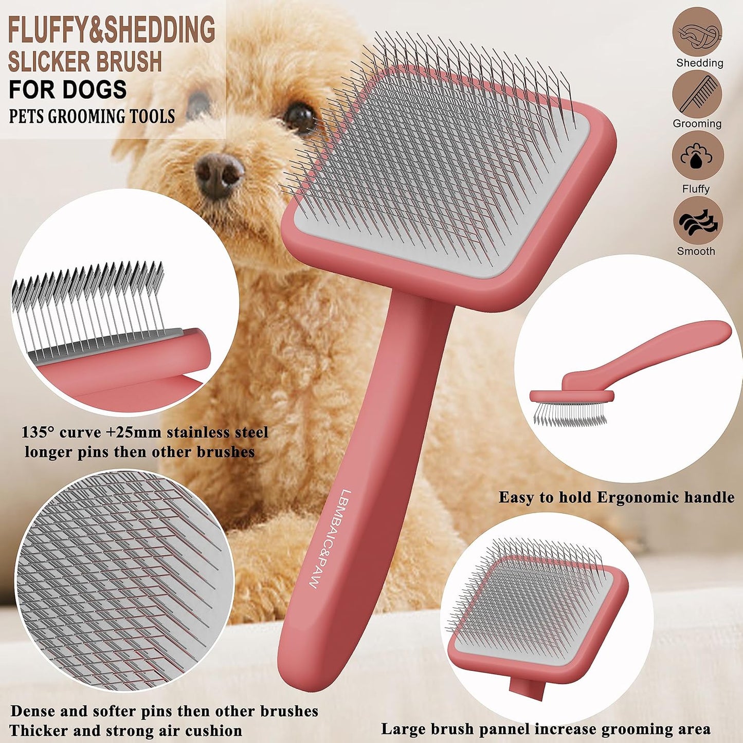 Dog Slicker Brushes for Poodles,Doodles,Goldendoodles,Bernedoodle.Dog Brushes for Thick Long Curly Fur Deshedding,Fluff,Grooming.Remove Loose Fur Quick Easy.Long Pin Slicker Brush.Wooden(Large)