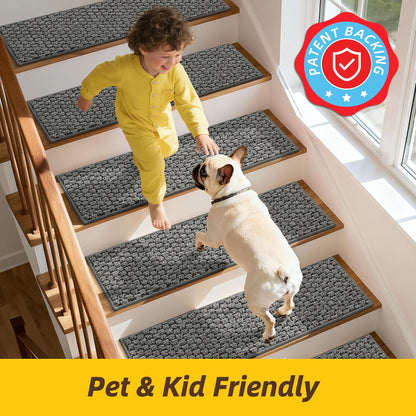 JSEI Stair Treads for Wooden Steps, 14 Pack 9" X 28" Non-Slip Machine Washable Carpet Stair Treads with TPE Backing, Soft Indoor Stair Rug Runner for Kids Elders & Pets, 100% Polyester, Greyish Brown