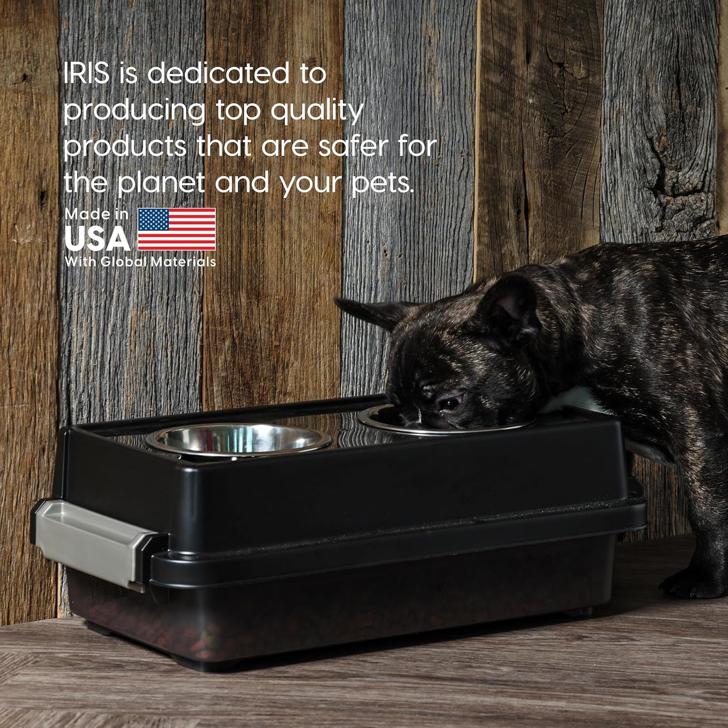 IRIS USA Dog Bowls Elevated with Storage, 15" H Raised Feeding Station, Dog Bowl Stand with Airtight Food Storage Holds 47 lbs, 2 Removable 64 oz Stainless Steel Bowls for Large Dogs, Smoke/Black
