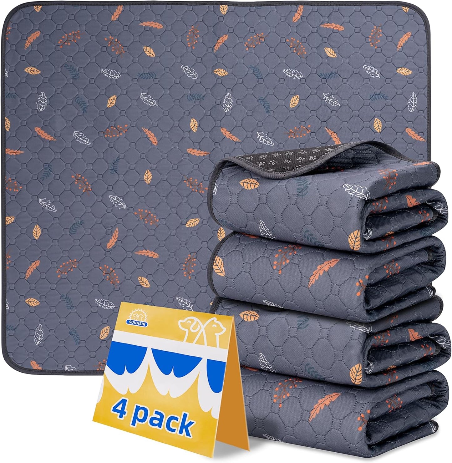 Sunheir Washable Pee Pads for Dogs Large 48" x 48" 2-Pack Reusable Puppy Pads Pet Training Pads, Absorb Dog Mats, Whelping Pad, Non-Slip Protects Against Urine Leakage (Leaves - Deep Grey, 48x48)