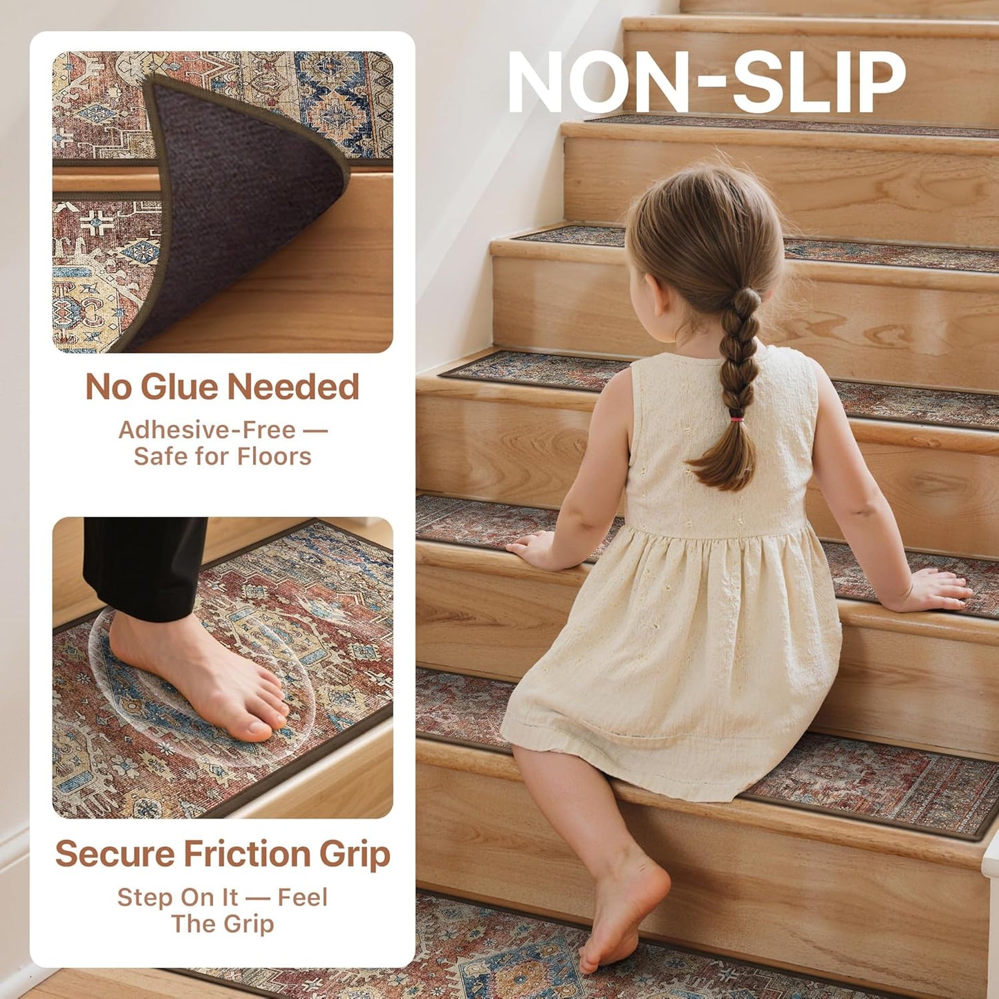 sarben Non Slip Stair Treads for Wooden Steps 15PCS - 8"x30" Indoor Safety Carpet, Edging Mats with TPE Adhesive Backing, Pet and Elderly Friendly Stair Rugs (Taupe) - Colors A