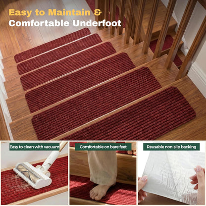 MBIGM 8" X 30" (15 in Pack) Nonslip Carpet Stair Treads Non-Skid Safety Rug Slip Resistant Indoor Runner for Kids Elders & Pets with Reusable Adhesive - Brown - Non Slip Stair Treads Indoor