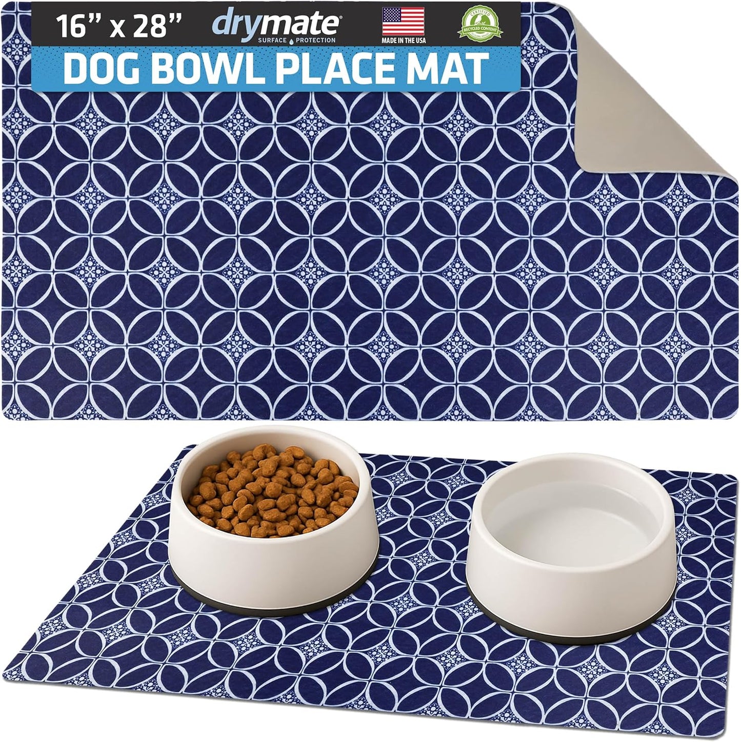 Drymate Pet Bowl Placemat, Dog & Cat Food Feeding Mat - Absorbent Fabric, Waterproof Backing, Slip-Resistant - Machine Washable/Durable (USA Made) (12” x 20”) (Indigo)