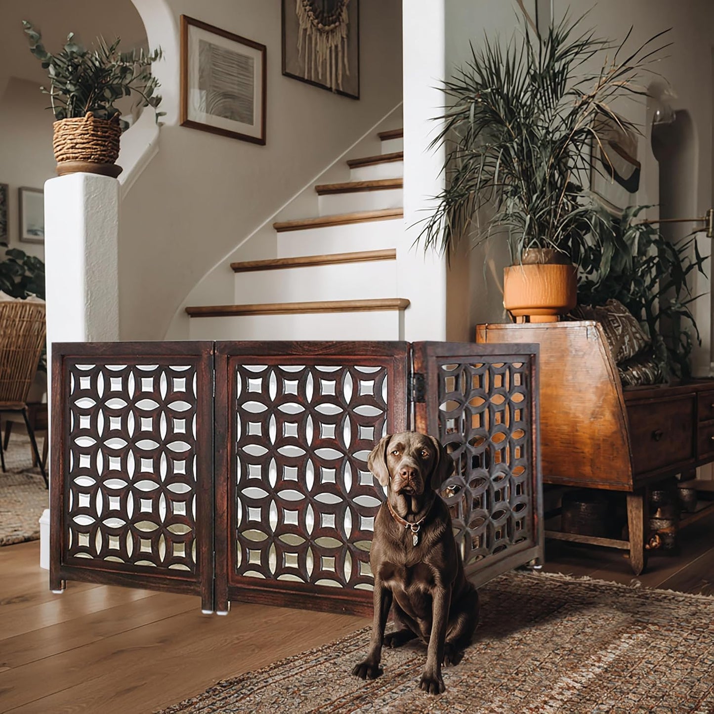 Croft&Cane Wooden Foldable Pet Dog Safety Gate – 3 Panel Freestanding Indoor Pet Fence (20 inches W x 24 inches H) – Hand-Carved Solid Wood & MDF – Fully Assembled - Antique Brown