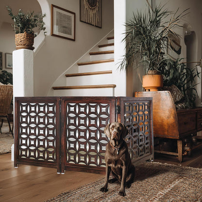 Croft&Cane Wooden Foldable Pet Dog Safety Gate – 3 Panel Freestanding Indoor Pet Fence (20 inches W x 24 inches H) – Hand-Carved Solid Wood & MDF – Fully Assembled - Antique Brown