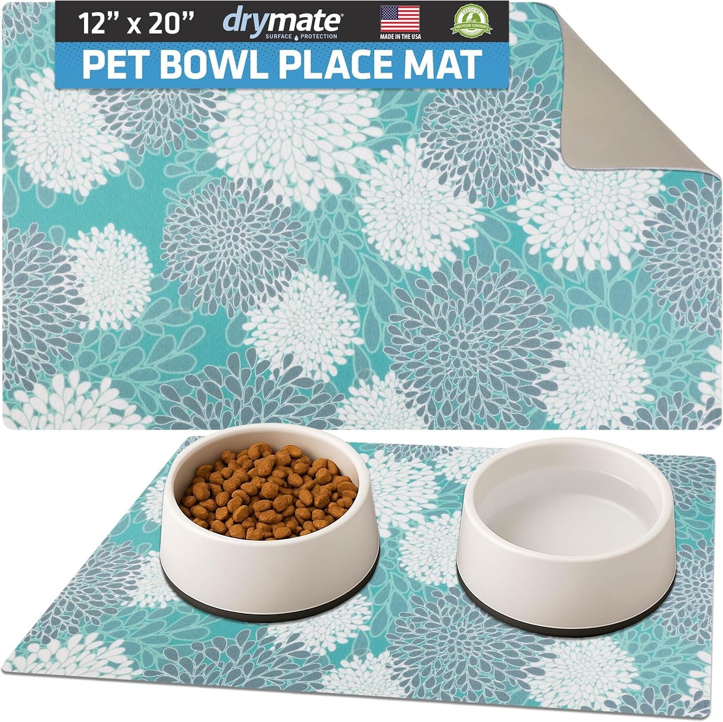 Drymate Pet Bowl Placemat, Dog & Cat Food Feeding Mat - Absorbent Fabric, Waterproof Backing, Slip-Resistant - Machine Washable/Durable (USA Made) (12” x 20”) (Indigo)