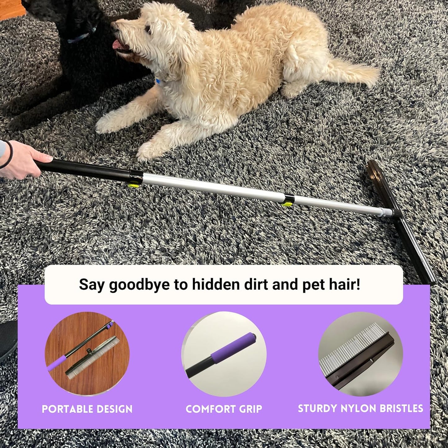 Small Room Groom Carpet Rake, 11" Handle, Portable Carpet Brush for Pet Hair, High Pile Rugs, Stairs, Furniture & Artificial Turf, Compact Groomer Tool