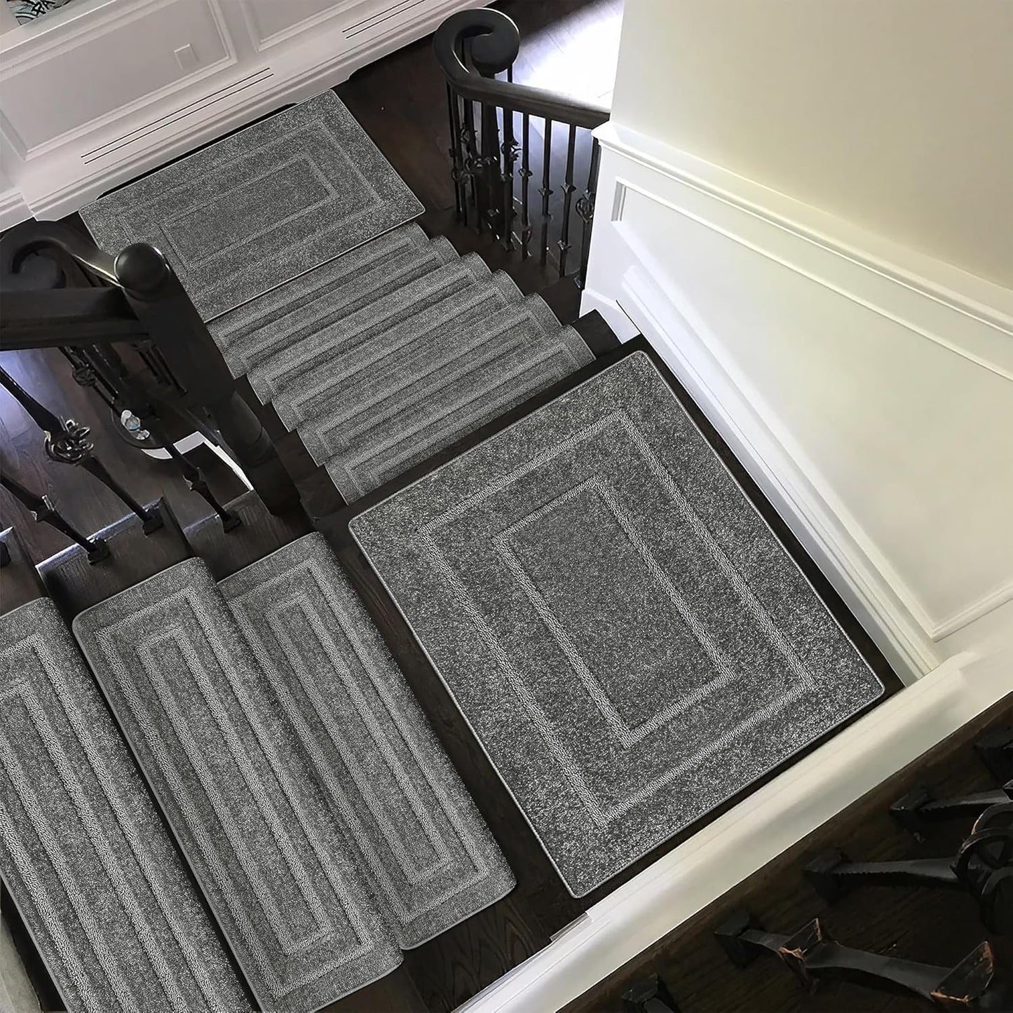 PURE ERA Bullnose Carpet Stair Treads Set Tape Free Non-Slip Indoor Stair Protectors Pet Friendly Rugs Covers Soft Skid Resistant Washable Reusable 9.5" x 30"(14 Pieces,Cream Gray)