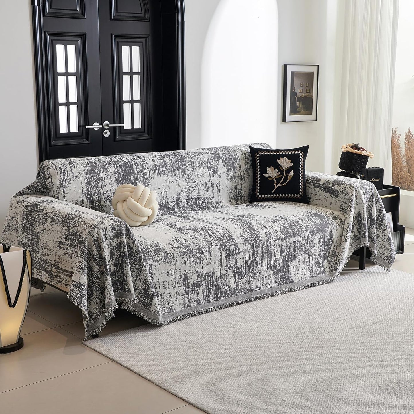 MYSKY HOME Couch Cover for Dogs, Washable Couch Covers, Non Slip Sofa Cover, Couch Cover 2 Cushion Sofa Dogs Furniture Protector with Tassels, Chenille Sofa Slipcover for Pets, 71"x118", Dark Grey