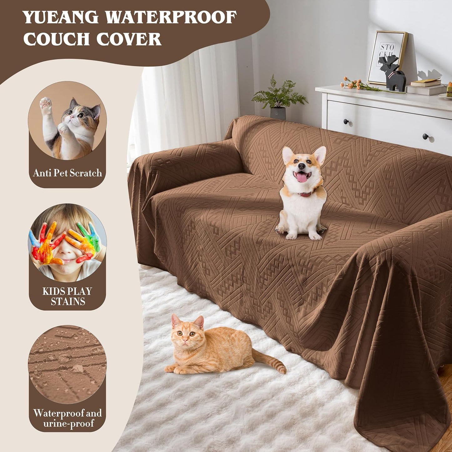 Waterproof Couch Cover, Reversible, Pet-Friendly, Washable and Anti-Slip Couch Covers for Sofa Protection with 3 Cushions, Sofa Slipcovers for Dogs and Cats (71×118in/Brown)