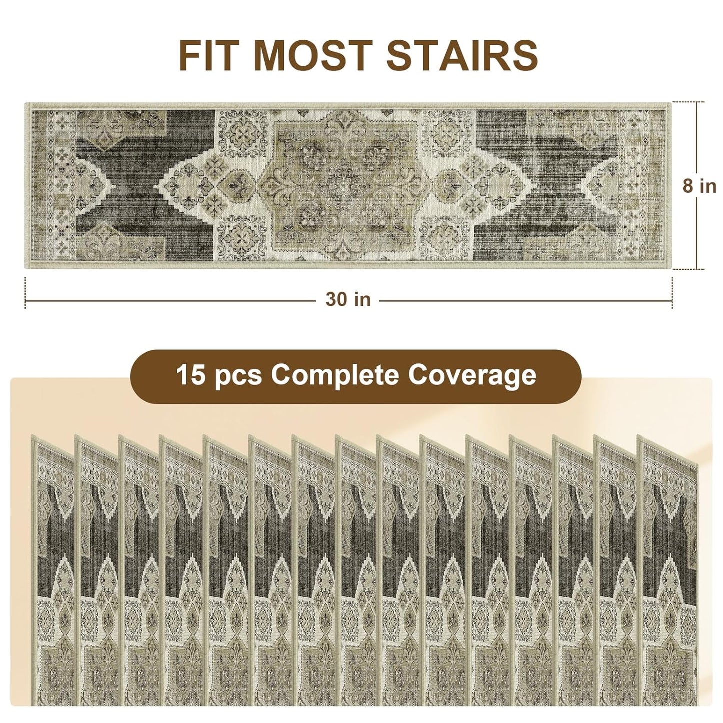 Non Slip Stair Treads for Wooden Steps Indoor, Dark Grey, 15pcs, 30"X8", Soft Carpet Mat, Machine Washable Boho Carpet Treads with Reusable Adhesive Backing, Safety Stair Tread for Dogs, Kids, Elders