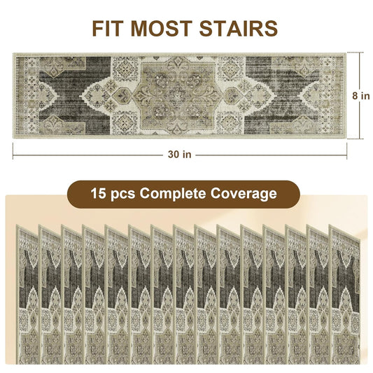 Non Slip Stair Treads for Wooden Steps Indoor, Dark Grey, 15pcs, 30"X8", Soft Carpet Mat, Machine Washable Boho Carpet Treads with Reusable Adhesive Backing, Safety Stair Tread for Dogs, Kids, Elders