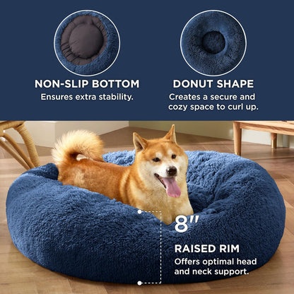 Bedsure Calming Dog Bed Medium Size Dog - Donut Washable Medium Pet Bed, 30 inches Anti-Slip Round Fluffy Plush Faux Fur Cat Bed, Fits up to 45 lbs Pets, Camel