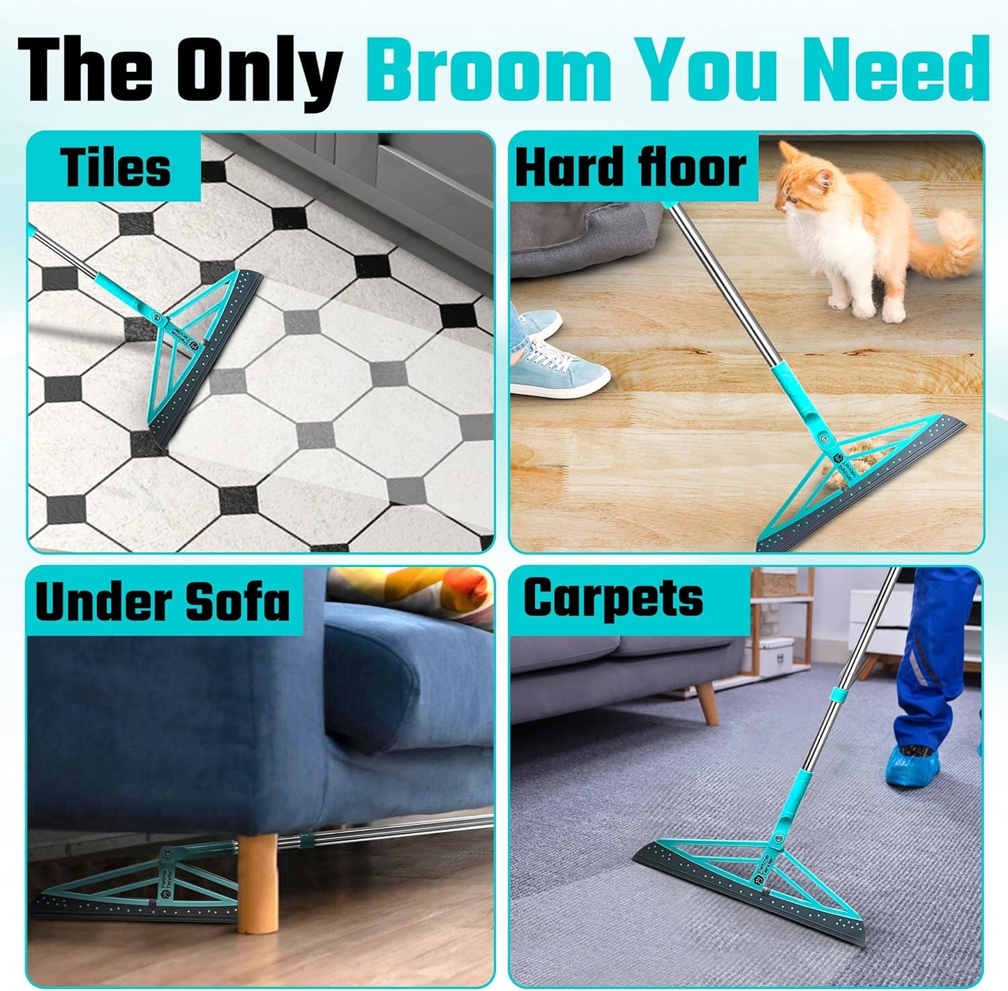Magic Broom Squeegee Dog Pet Hair Remover, Rotatable, Extendable - Silicone Broom Pet Hair Remover for All-Surfaces Hardwood Floors, Carpet, Tile, Glass, Liquid-Dirt with 60" Handle