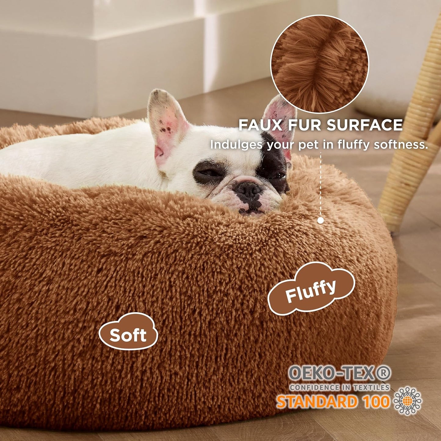 Bedsure Calming Dog Bed Medium Size Dog - Donut Washable Medium Pet Bed, 30 inches Anti-Slip Round Fluffy Plush Faux Fur Cat Bed, Fits up to 45 lbs Pets, Camel